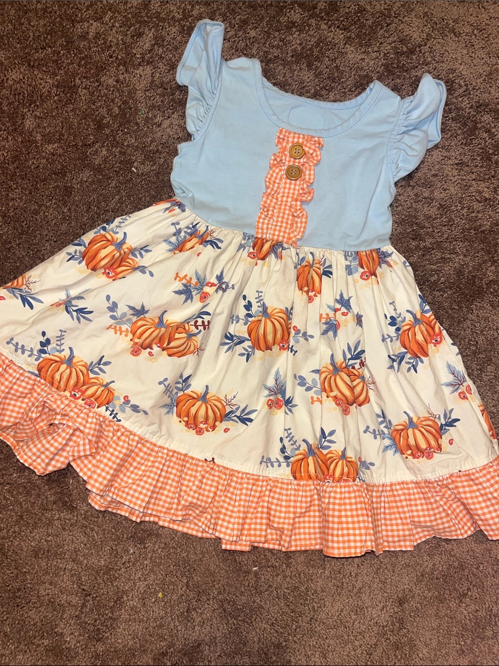 Blue and Orange Pumpkin Print Kids Dress